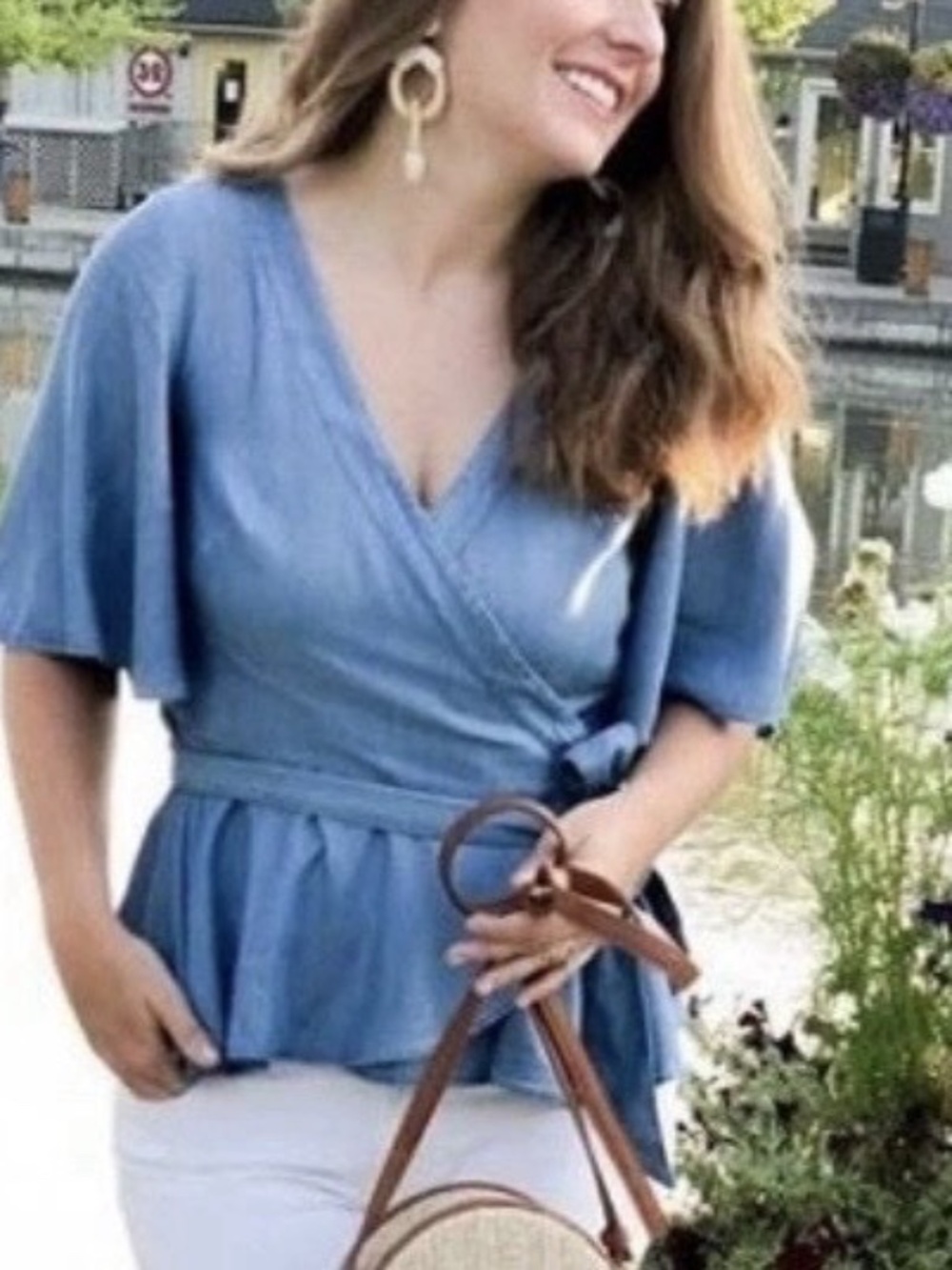 LOFT Chambray Wrap Ruffle BOHO  Top Blue Tie Waist Size SP Blouse